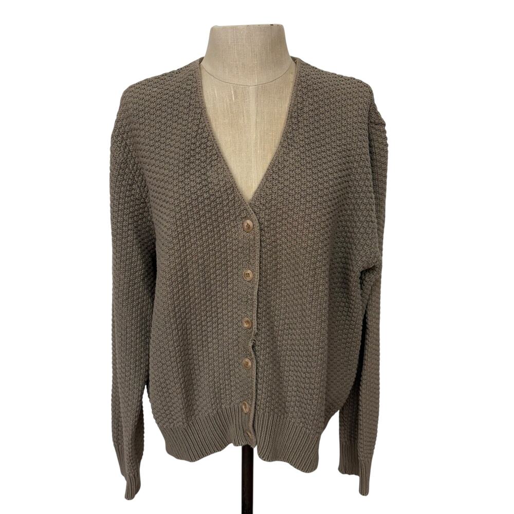 Vintage LizSport Taupe Textured Cotton Cardigan Made USA Size M